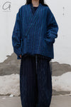 AVIVA JIFEI XUE Indigo Stripe Linen Short Kimono Jacket A21-KJS Reversible Indigo Stripe Linen Short Kimono Jacket